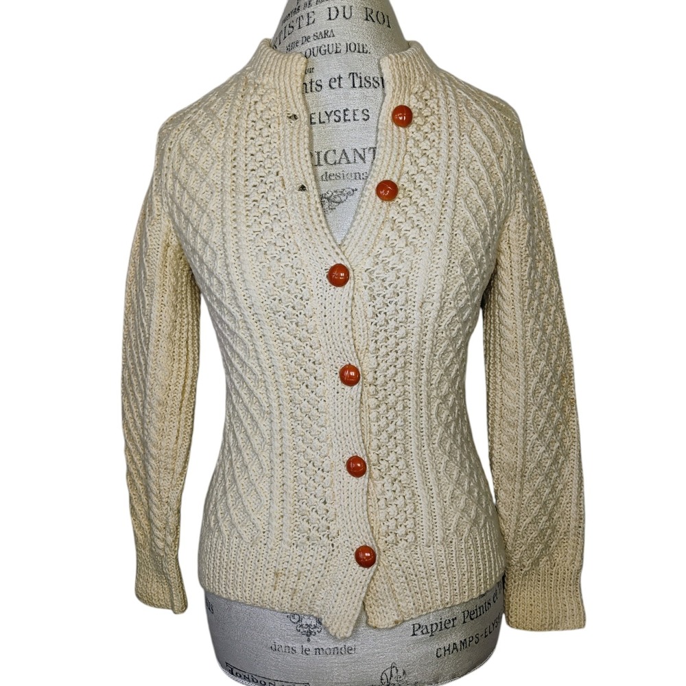 Vintage Carbery Irish Wool Cable Knit Sweater Womens XS Cream Fisherman Chunky